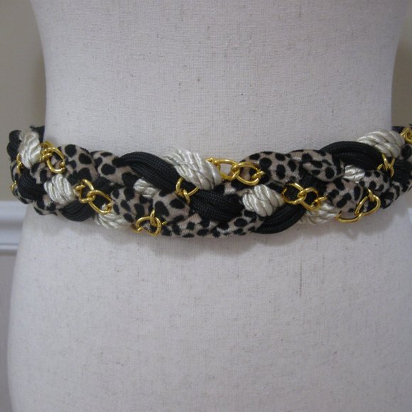 Leopard Print Braided Stretch Cord Belt Black White Gold Chain fits 36-44" waist - Picture 1 of 5